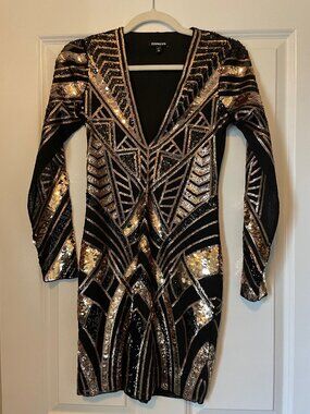 Express Art Deco Black and Gold Geometric Sequin Cocktail Dress - XS